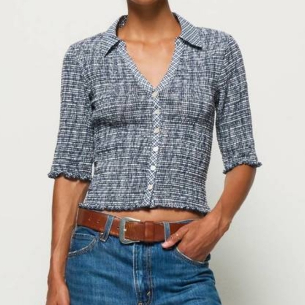 Nation Ltd Peggy Smocked Top In Picnic Check 100% Pima Cotton Xs